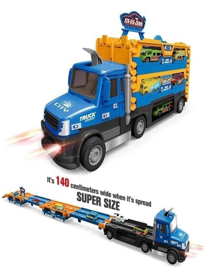 BLiSS HUES لعبة شاحنة التخزين والتشكيل BLiSS HUES Big Hauler مع مضمار سباق قذف بطول 55 بوصة و6 سيارات - شاحنة مقلاع مع ضوء LED وموسيقى للأطفال (أزرق وأصفر) - Image 3
